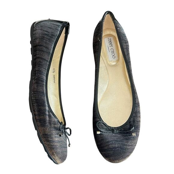 Jimmy Choo Shoes - Jimmy Choo Women’s Round Toe Zebra Metallic Plisse Stripe Black Ballet Flats